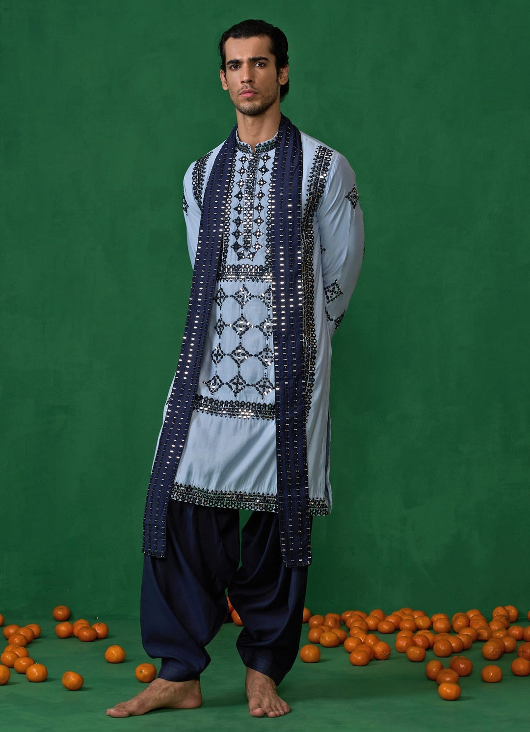 Sky Blue Mirror Embroidered Silk Kurta Set Kalpraag - Fabilicious Fashion