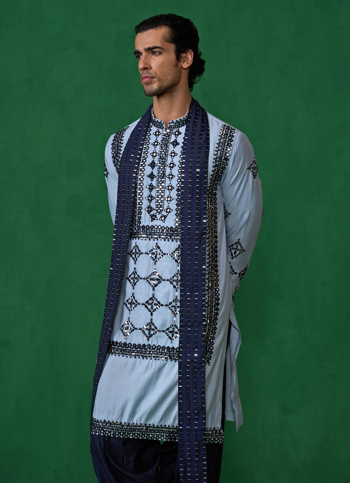 Sky Blue Mirror Embroidered Silk Kurta Set Kalpraag - Fabilicious Fashion