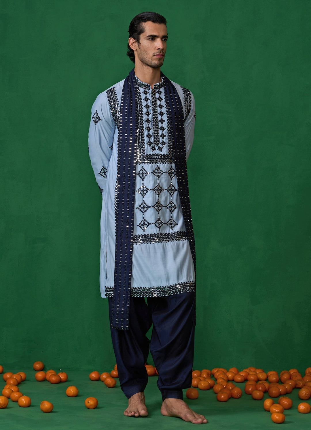 Sky Blue Mirror Embroidered Silk Kurta Set Kalpraag - Fabilicious Fashion