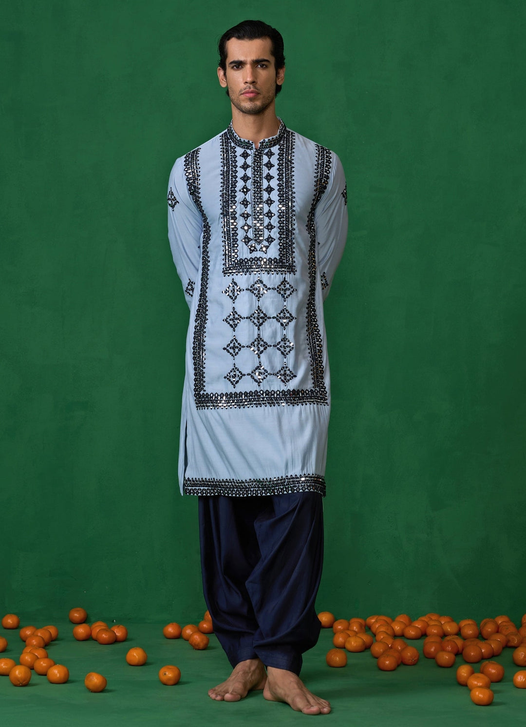 Sky Blue Mirror Embroidered Silk Kurta Set Kalpraag - Fabilicious Fashion