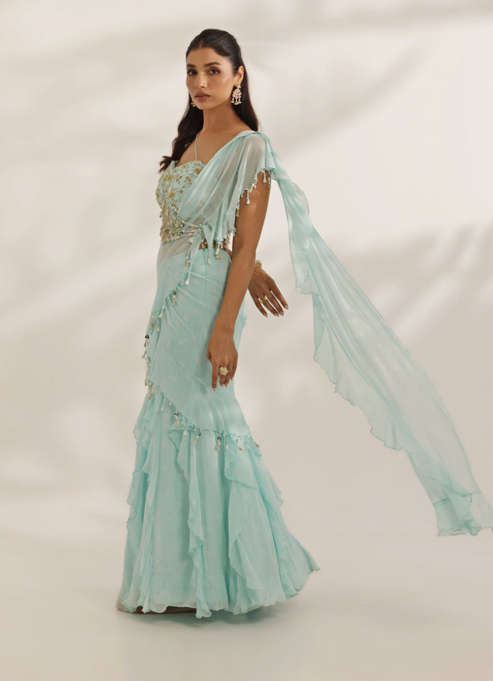 Sky Blue Mirrorwork Georgette Predraped Lehenga Saree Manisha Soni - Fabilicious Fashion