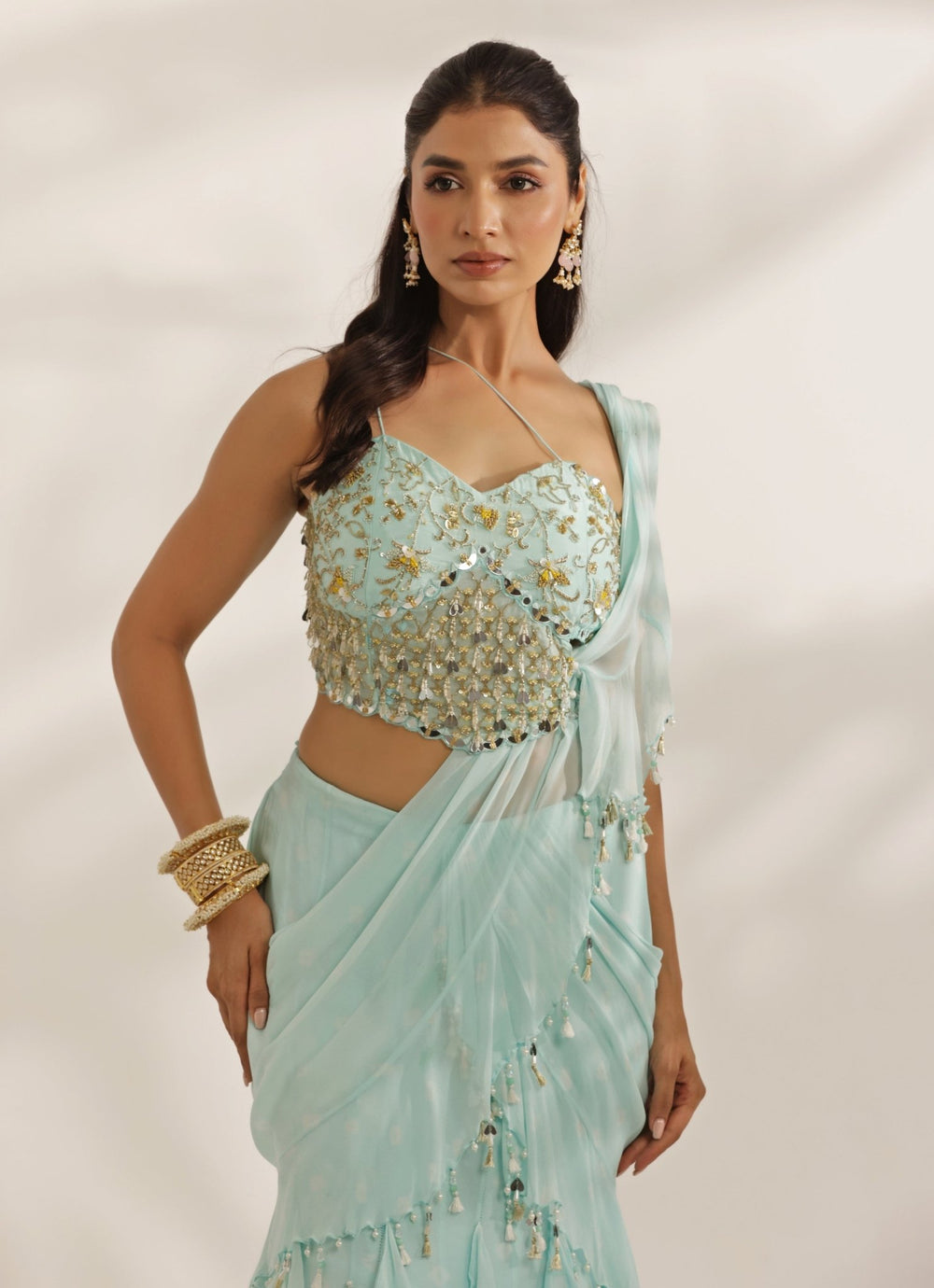 Sky Blue Mirrorwork Georgette Predraped Lehenga Saree Manisha Soni - Fabilicious Fashion