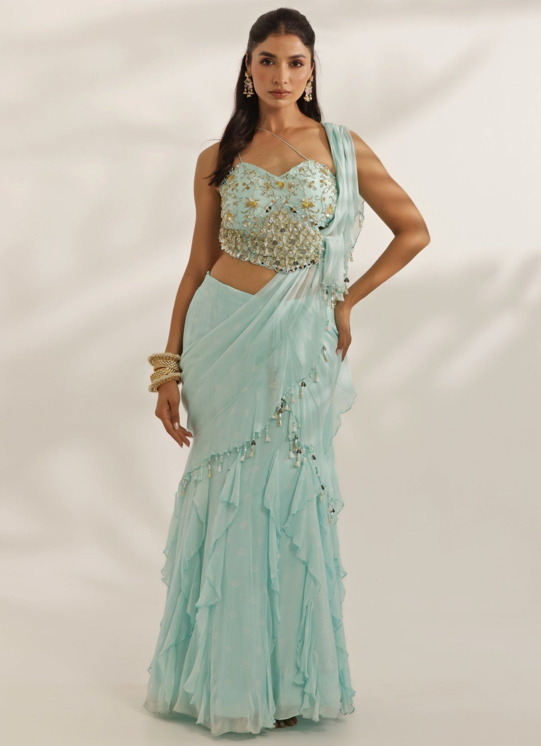 Sky Blue Mirrorwork Georgette Predraped Lehenga Saree Manisha Soni - Fabilicious Fashion