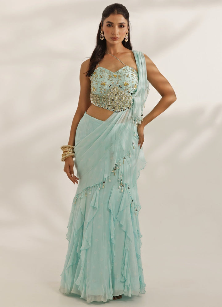 Sky Blue Mirrorwork Georgette Predraped Lehenga Saree Manisha Soni - Fabilicious Fashion