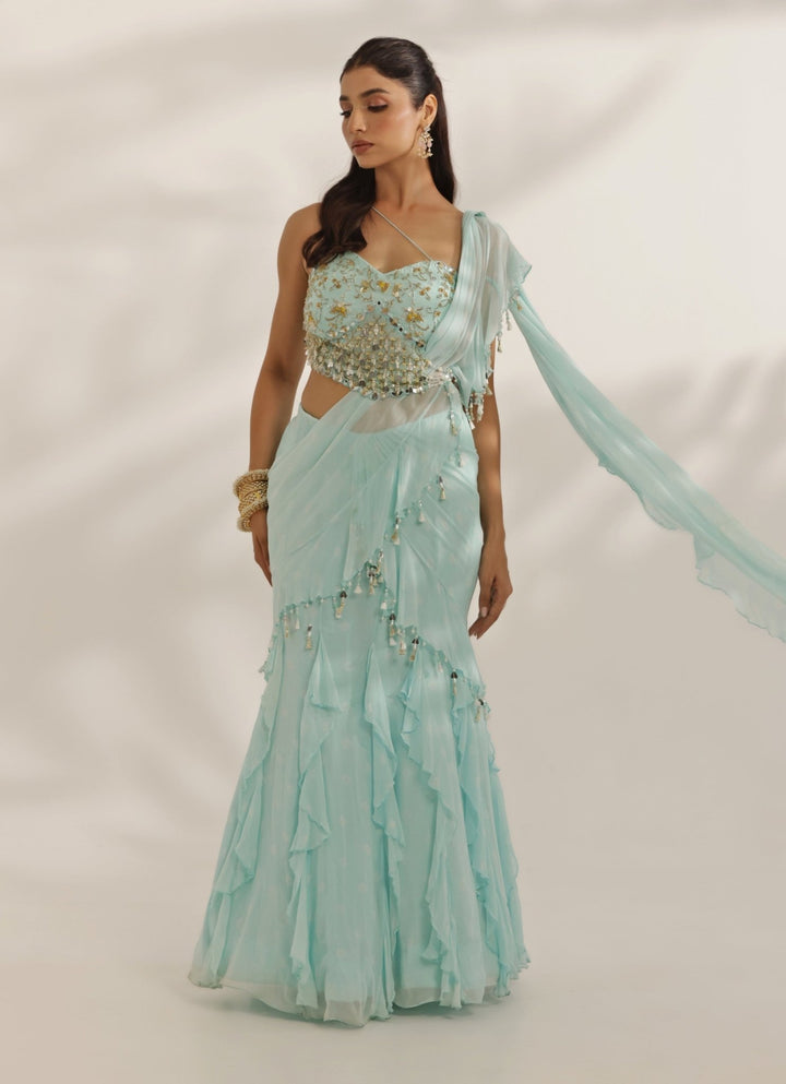 Sky Blue Mirrorwork Georgette Predraped Lehenga Saree Manisha Soni - Fabilicious Fashion