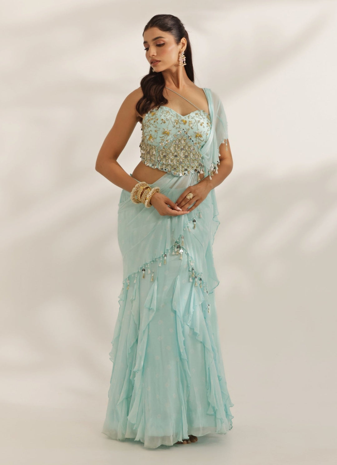 Sky Blue Mirrorwork Georgette Predraped Lehenga Saree Manisha Soni - Fabilicious Fashion