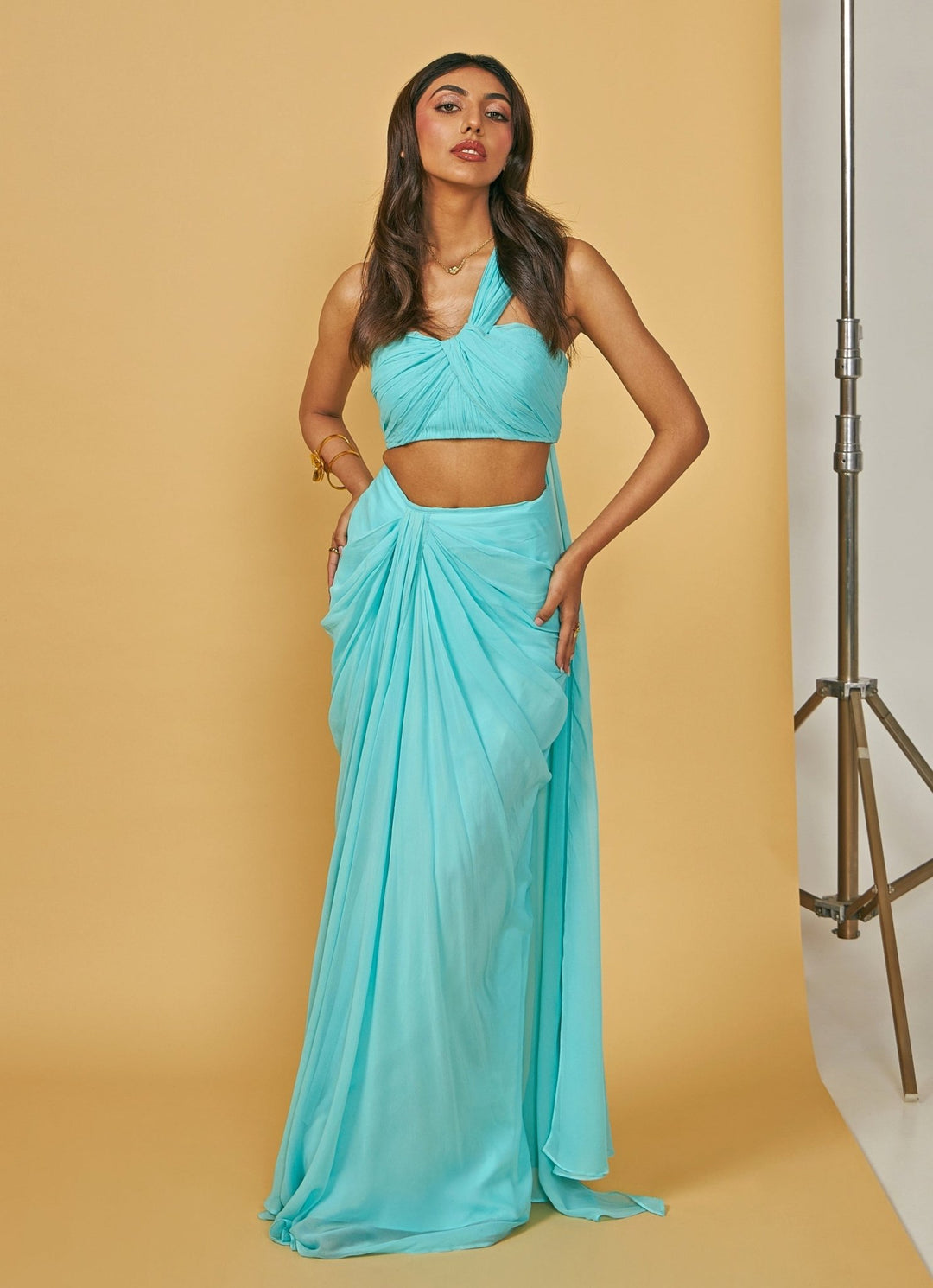 Sky Blue Pre Draped Pure Georgette Slit Saree With One Shoulder Blouse Ankita Bajaj Label - Fabilicious Fashion