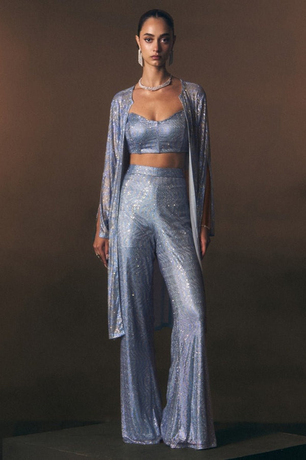 Angad Singh sky blue soft net blouse sharara with jacket for a post wedding party
