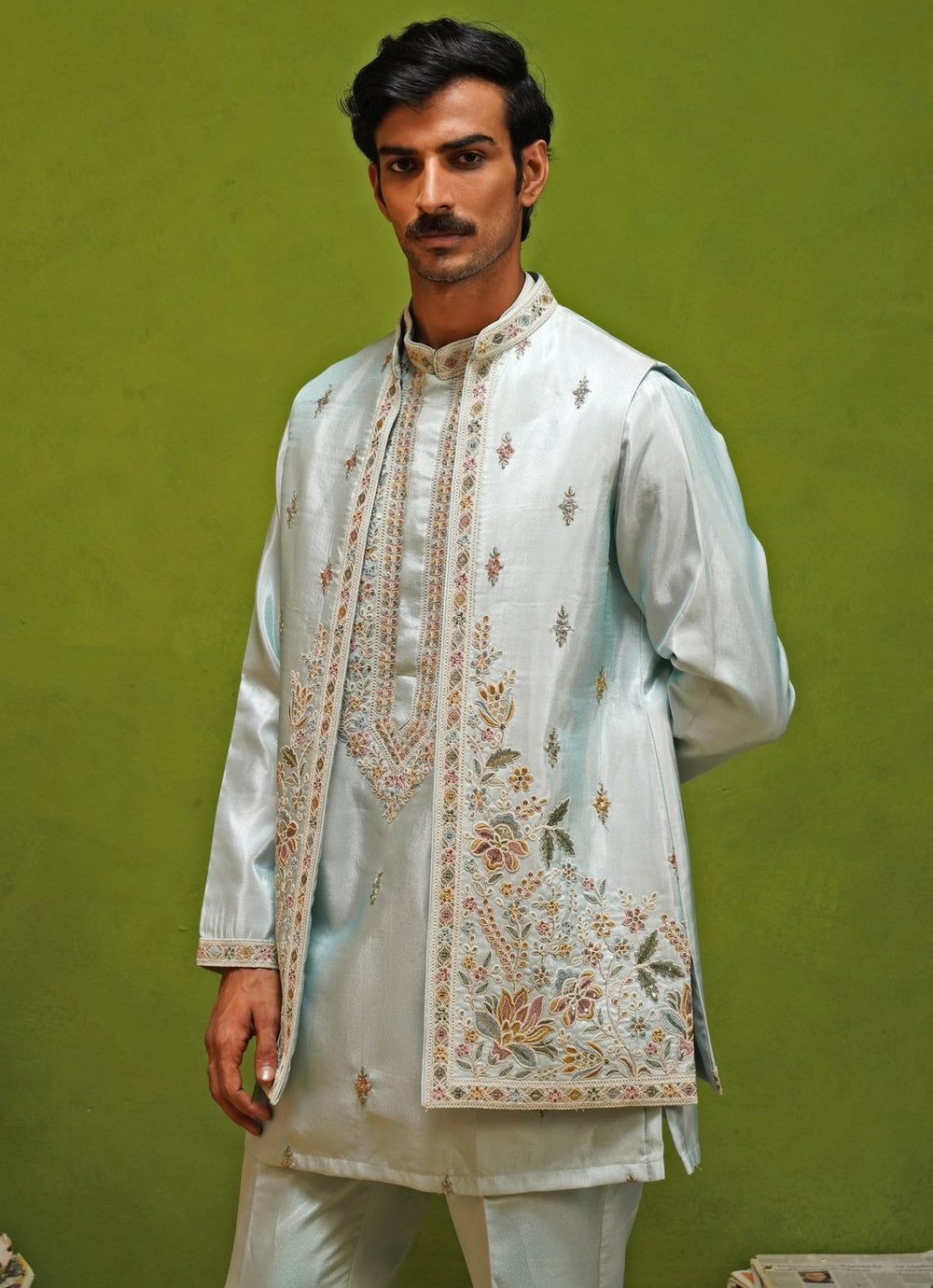 Kalpraag Sky Blue Tissue Silk Nehru Jacket SetFabilicious Fashion