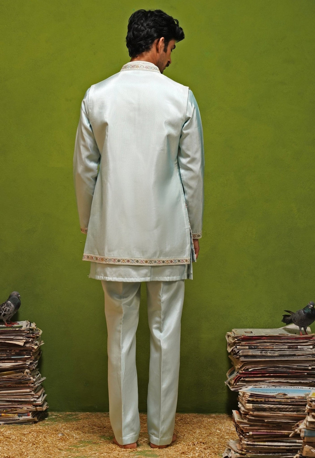 Kalpraag Sky Blue Tissue Silk Nehru Jacket SetFabilicious Fashion