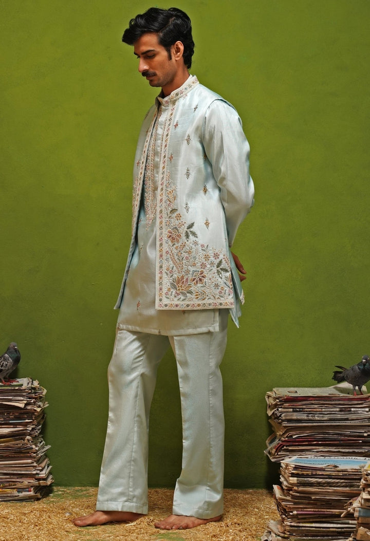 Kalpraag Sky Blue Tissue Silk Nehru Jacket SetFabilicious Fashion