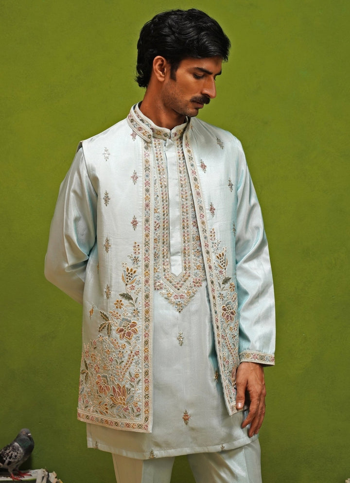 Kalpraag Sky Blue Tissue Silk Nehru Jacket SetFabilicious Fashion