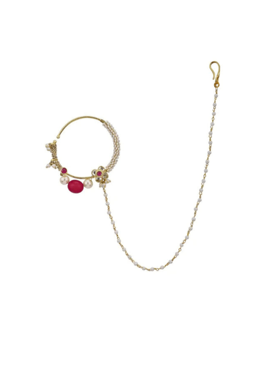 Small Flower Nath With Pearl And Ruby Beads Kalyani Indian Jewelry - Fabilicious Fashion