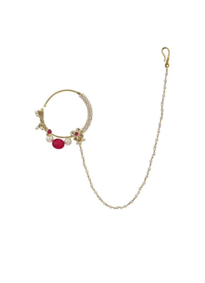 Small Flower Nath With Pearl And Ruby Beads Kalyani Indian Jewelry - Fabilicious Fashion