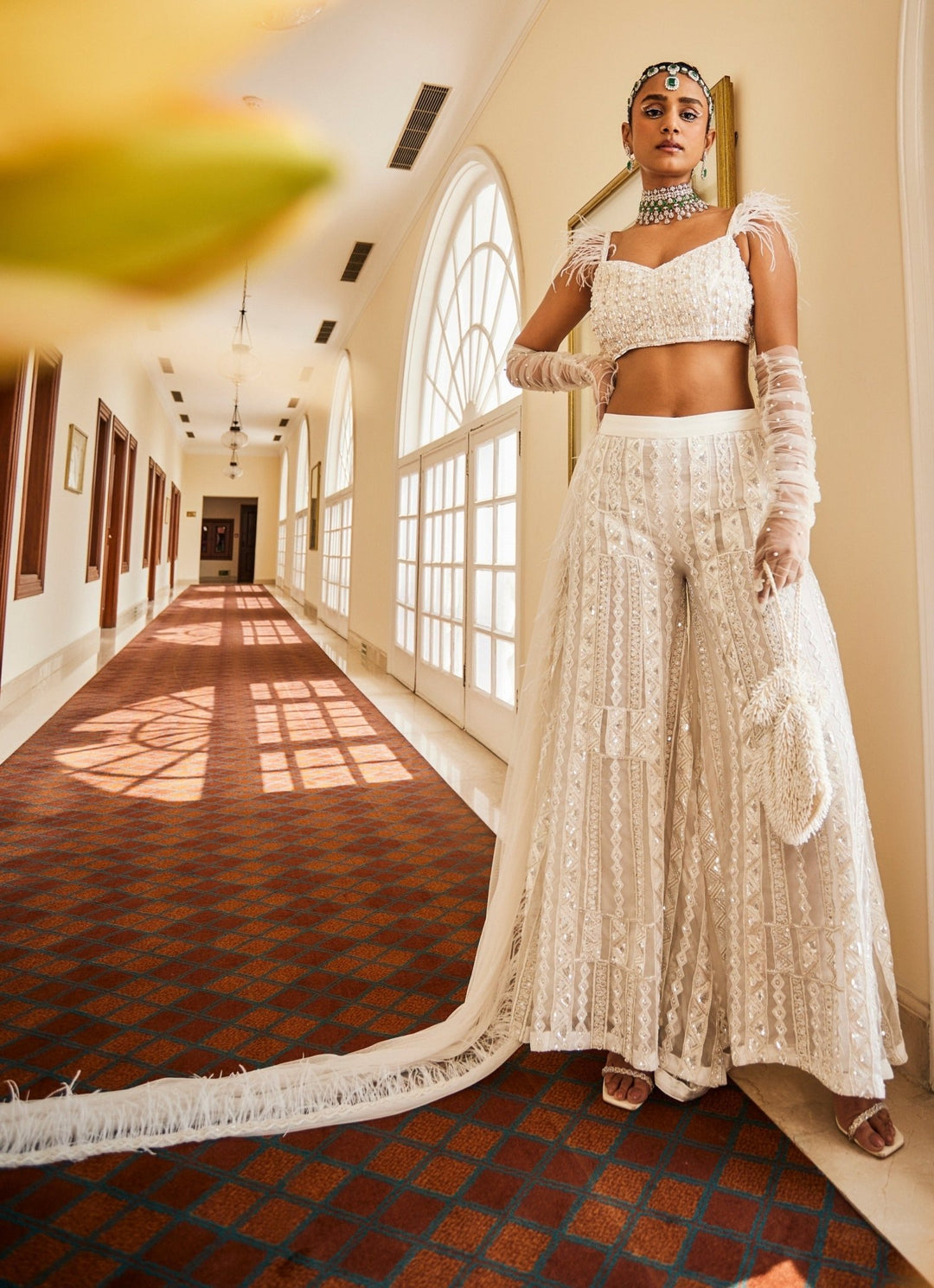 Snow White Embroidered Feather Blouse Sharara Set Mani Bhatia - Fabilicious Fashion