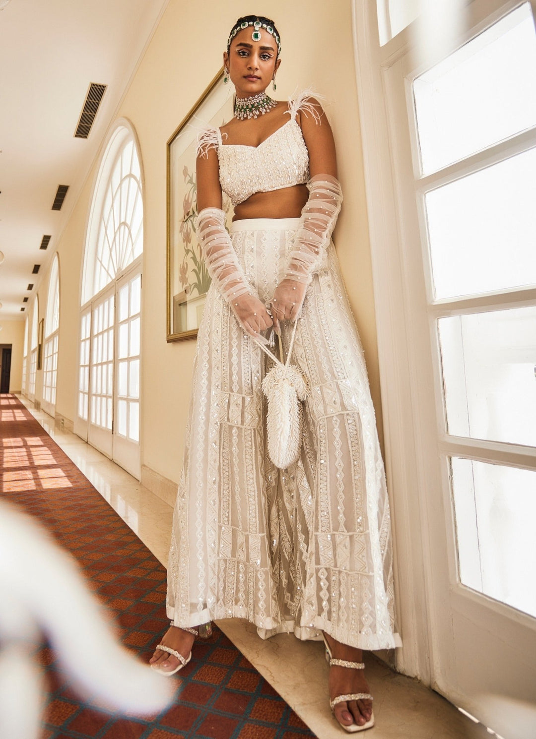 Snow White Embroidered Feather Blouse Sharara Set Mani Bhatia - Fabilicious Fashion