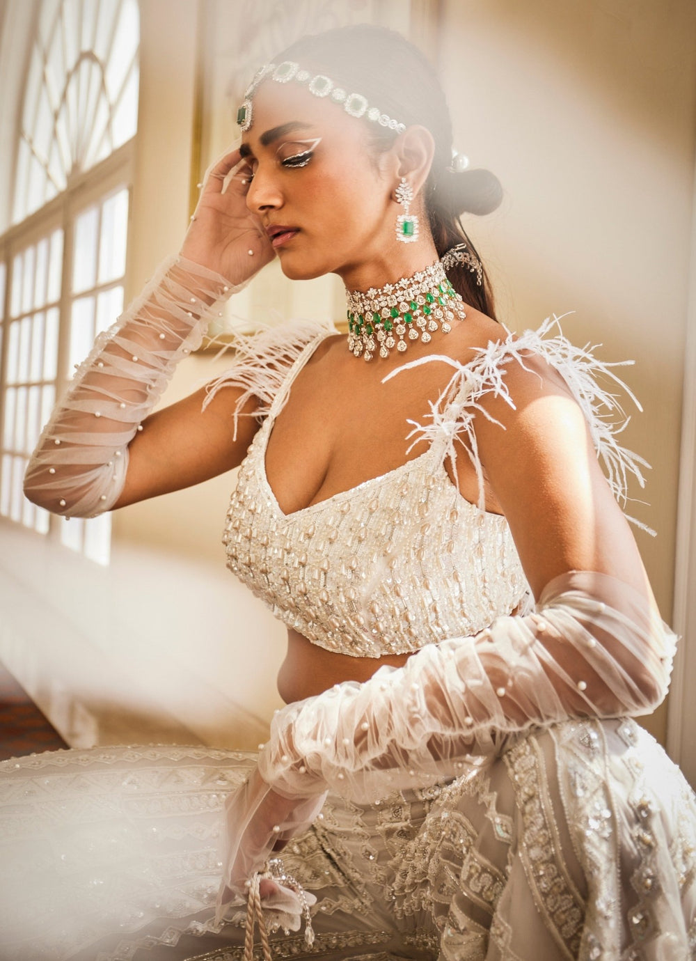 Snow White Embroidered Feather Blouse Sharara Set Mani Bhatia - Fabilicious Fashion