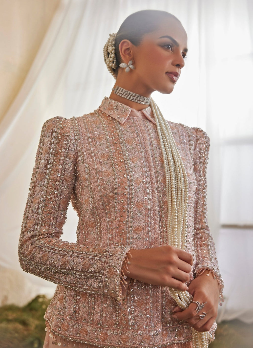 Mani Bhatia Soft Peach Crepe Jacket Skirt SetFabilicious Fashion