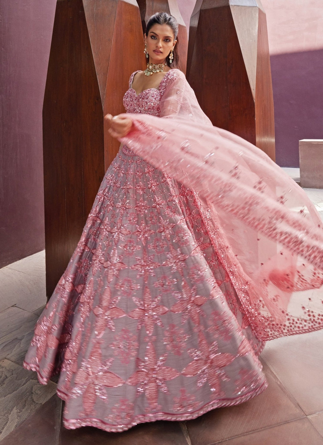 Soft Pink And Grey Embroidered Silk Bridal Lehenga Prevasu - Fabilicious Fashion