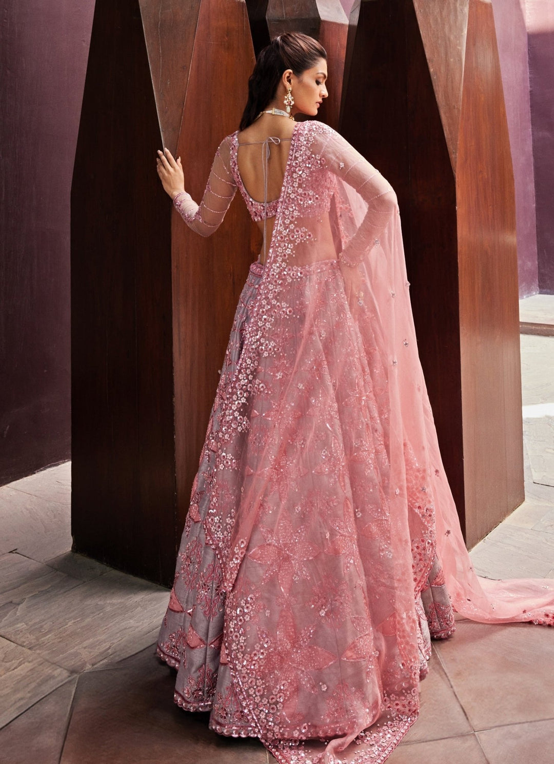 Soft Pink And Grey Embroidered Silk Bridal Lehenga Prevasu - Fabilicious Fashion