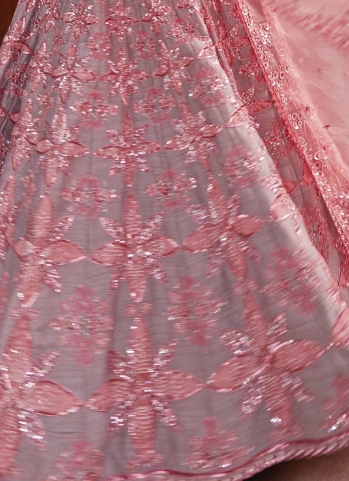 Soft Pink And Grey Embroidered Silk Bridal Lehenga Prevasu - Fabilicious Fashion
