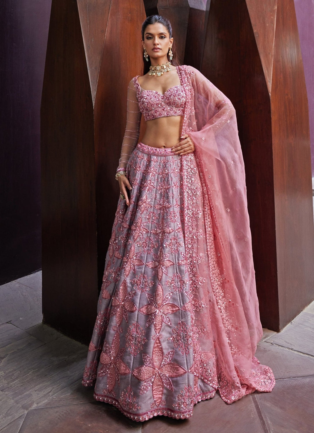 Soft Pink And Grey Embroidered Silk Bridal Lehenga Prevasu - Fabilicious Fashion