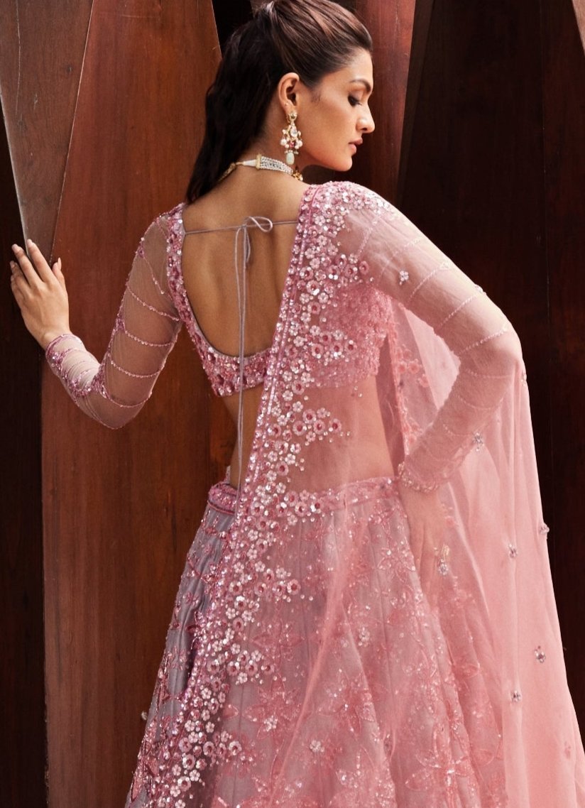 Soft Pink And Grey Embroidered Silk Bridal Lehenga Prevasu - Fabilicious Fashion