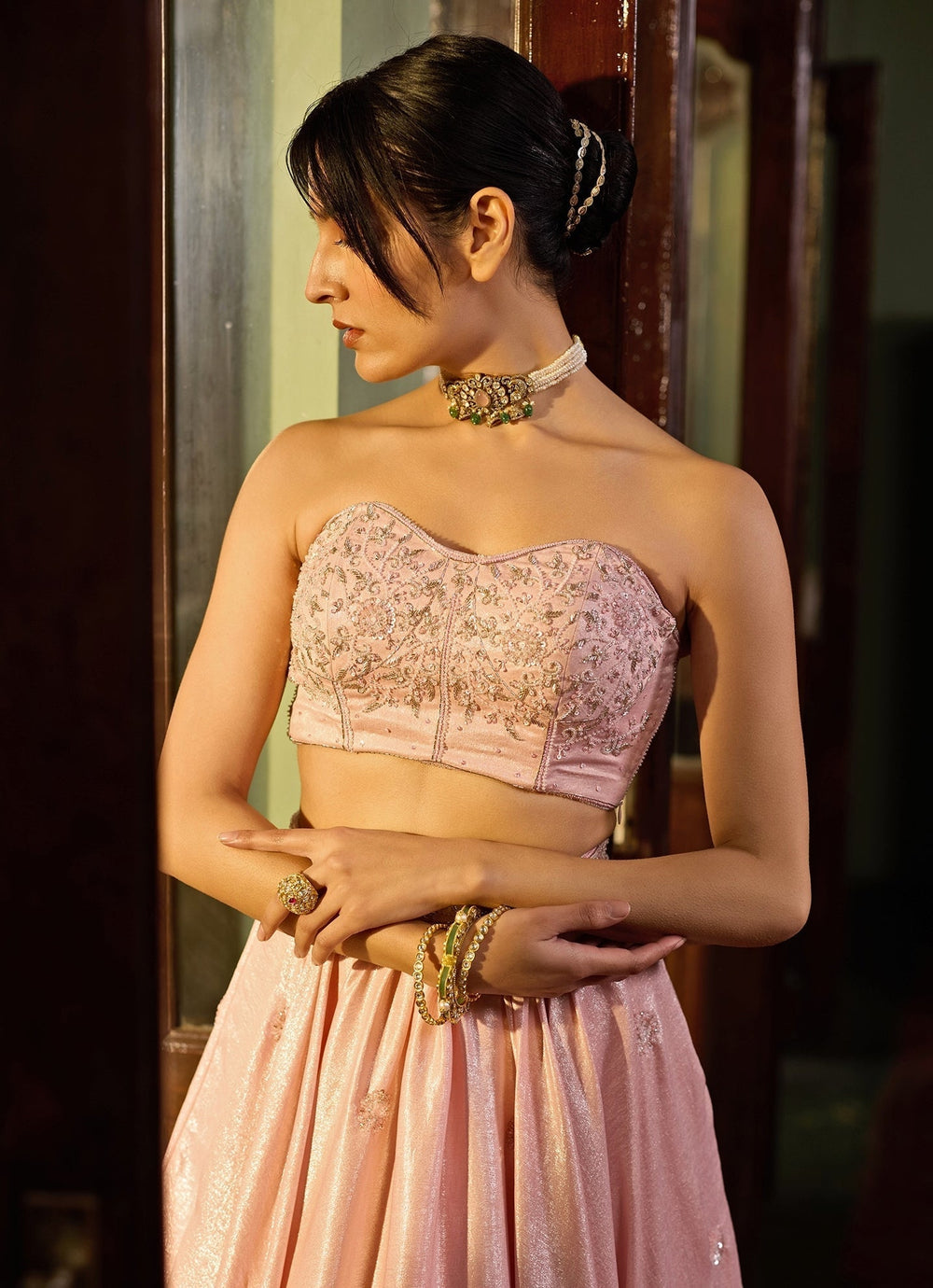 Soft Pink Embellished Satin Corset Lehenga Set Zoon Tribe - Fabilicious Fashion