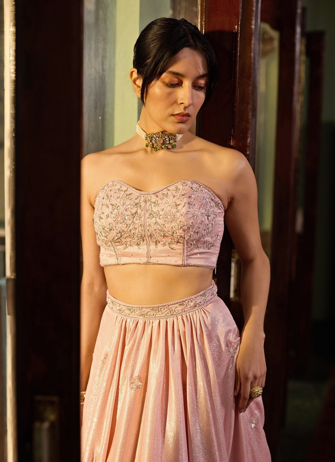 Soft Pink Embellished Satin Corset Lehenga Set Zoon Tribe - Fabilicious Fashion