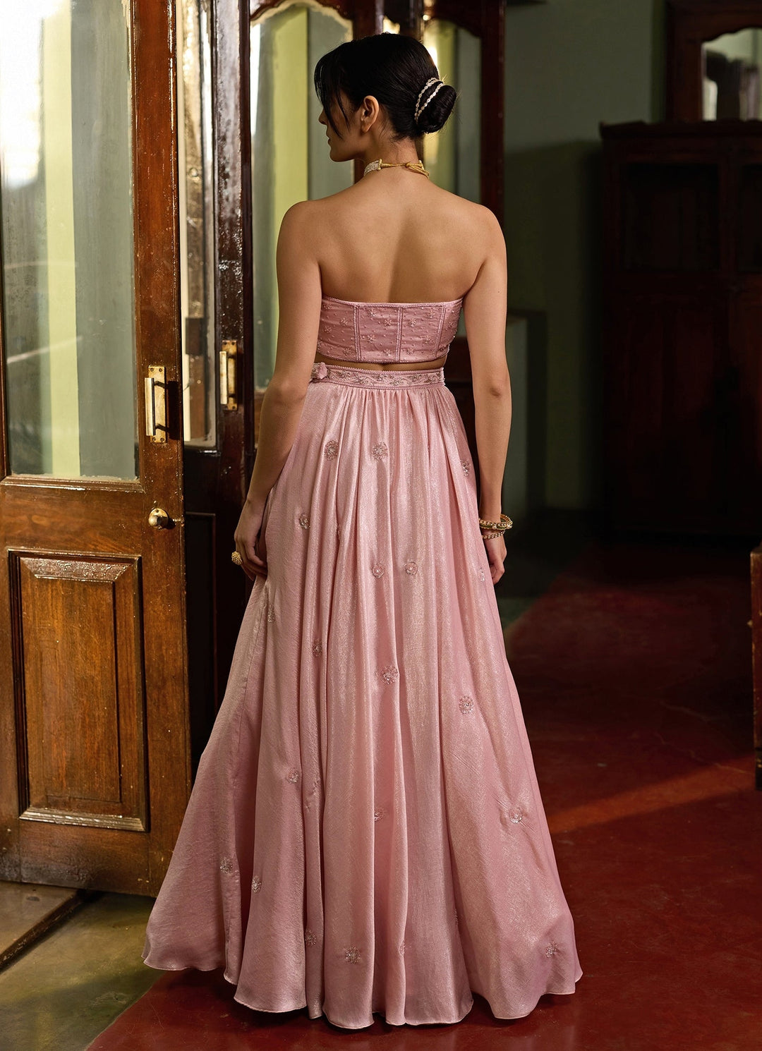 Soft Pink Embellished Satin Corset Lehenga Set Zoon Tribe - Fabilicious Fashion