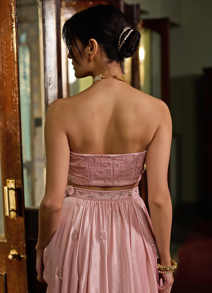 Soft Pink Embellished Satin Corset Lehenga Set Zoon Tribe - Fabilicious Fashion