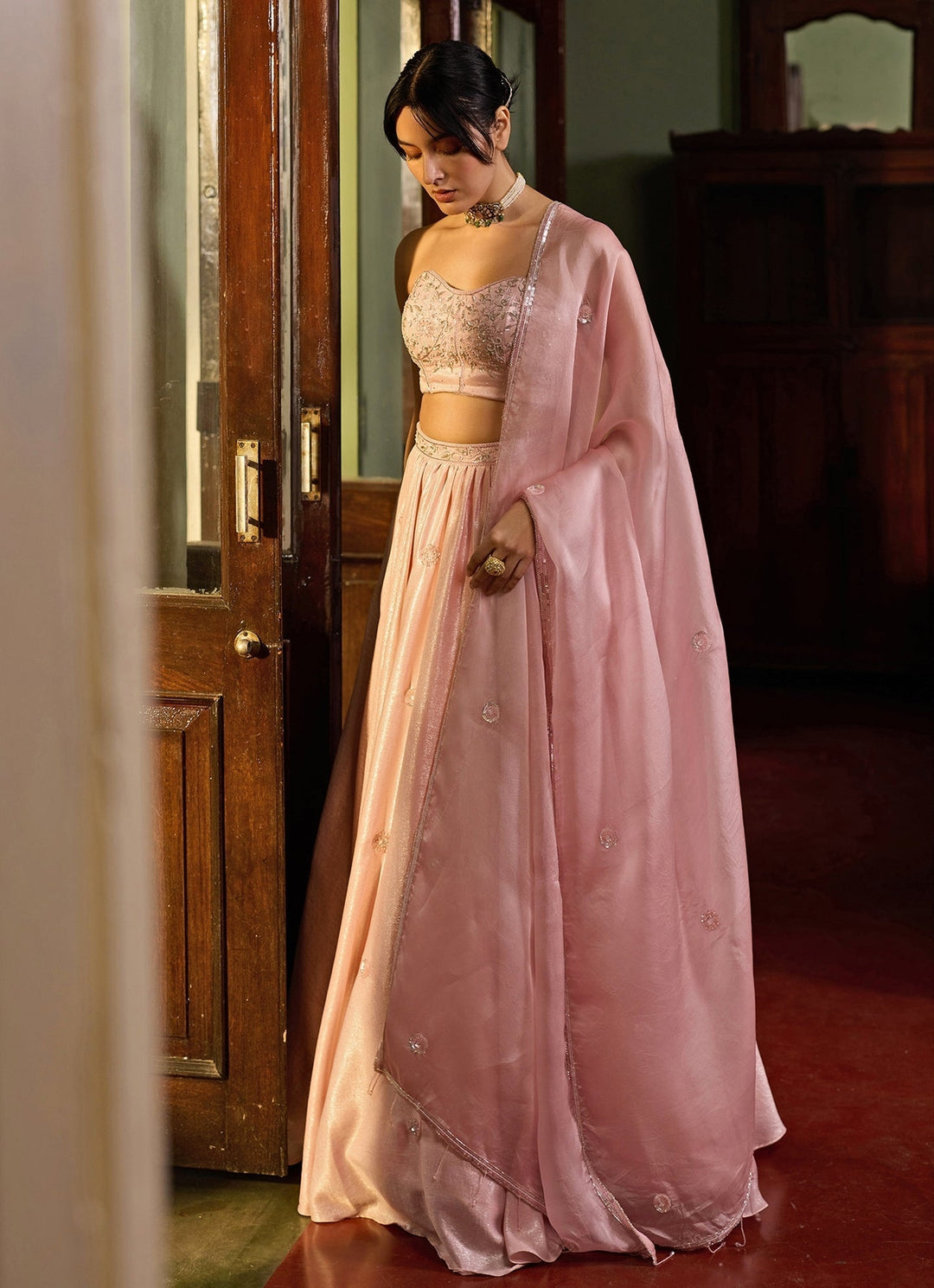 Soft Pink Embellished Satin Corset Lehenga Set Zoon Tribe - Fabilicious Fashion