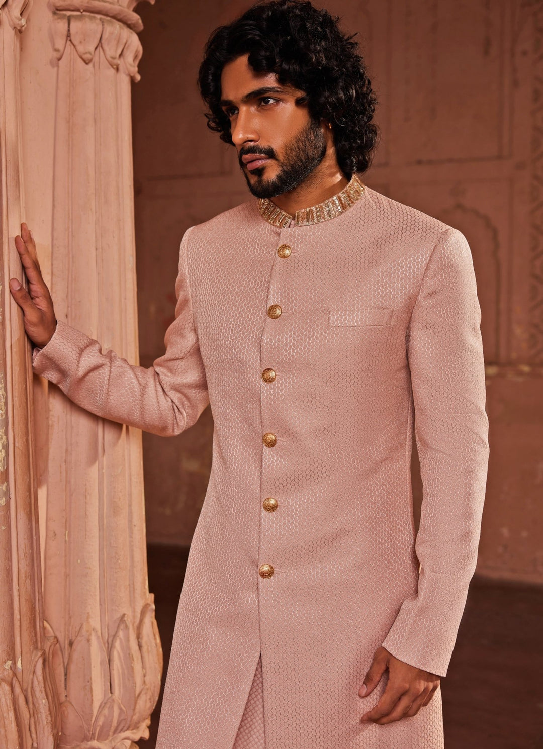 Soft Pink Embroidered Sherwani Set Contrast By Parth - Fabilicious Fashion