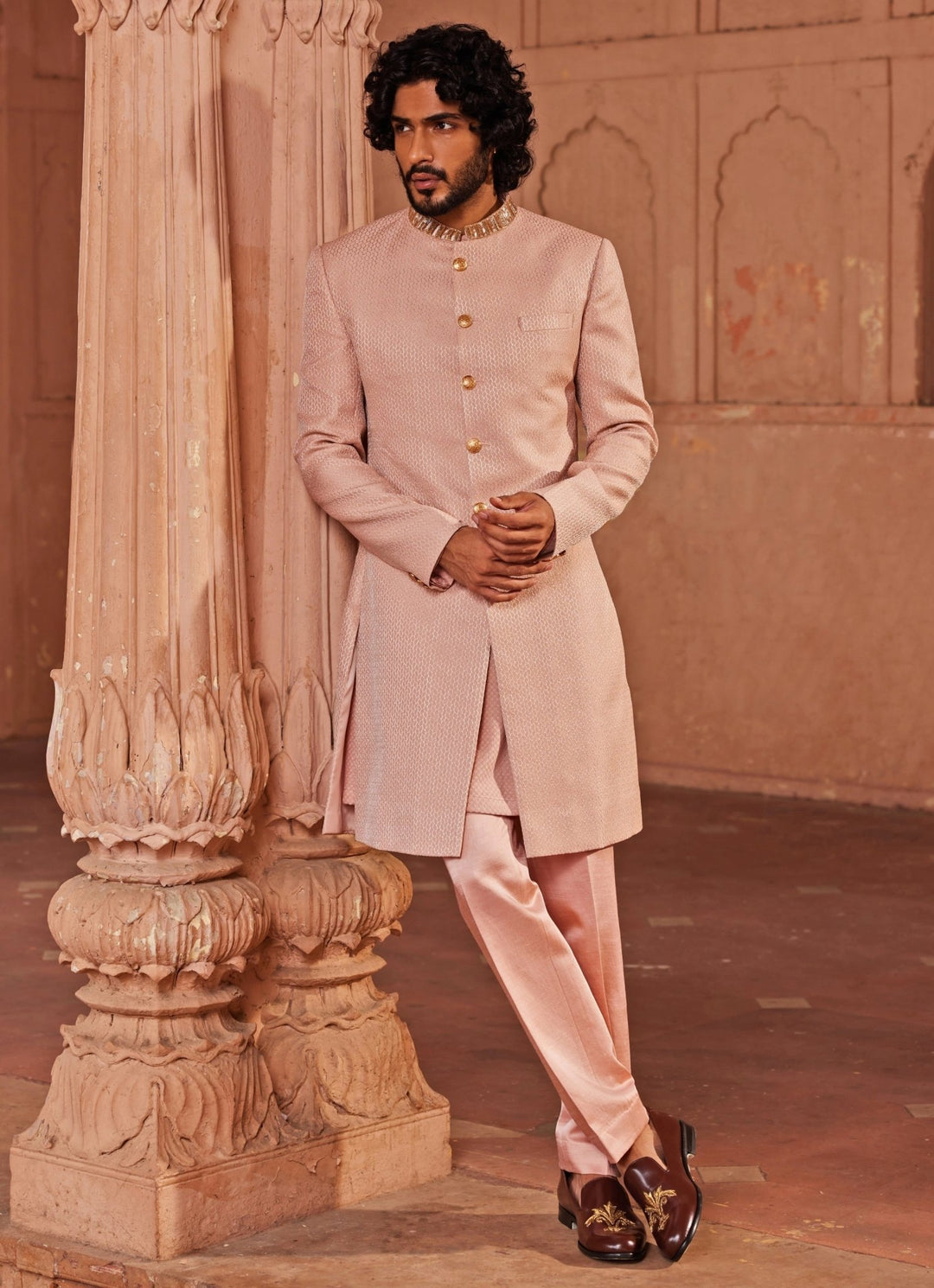Soft Pink Embroidered Sherwani Set Contrast By Parth - Fabilicious Fashion