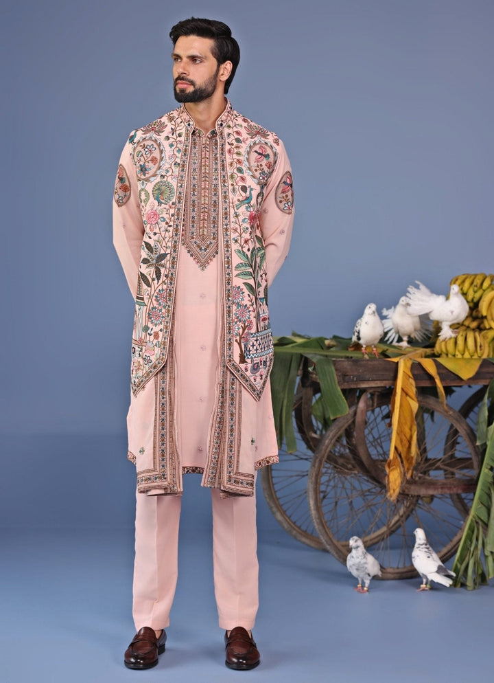 Soft Pink Georgette Kurta Set with Embroidered Jacket Kalpraag - Fabilicious Fashion
