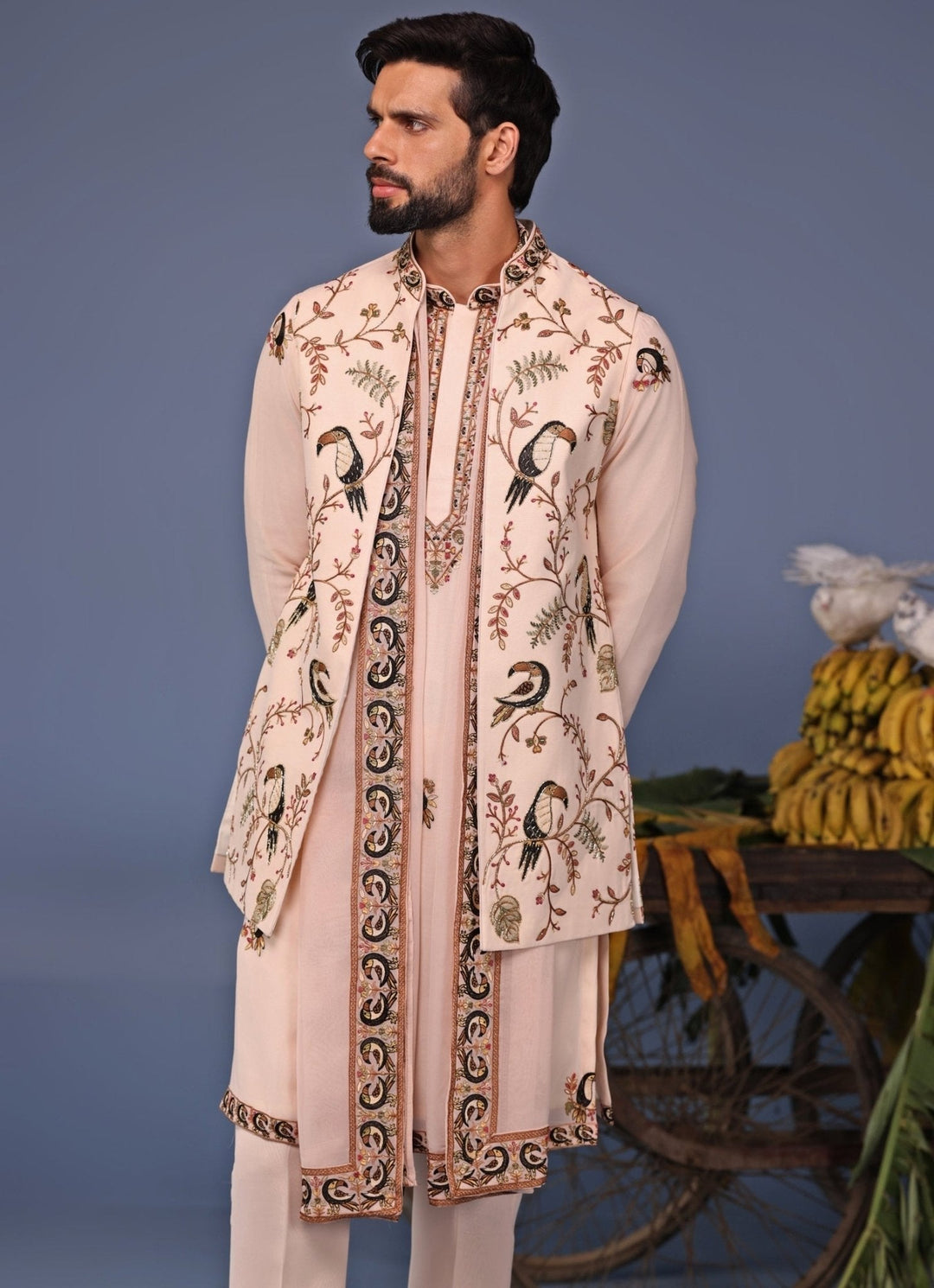Soft Pink Kurta Pant Set with Thread Embroidered Jacket Kalpraag - Fabilicious Fashion