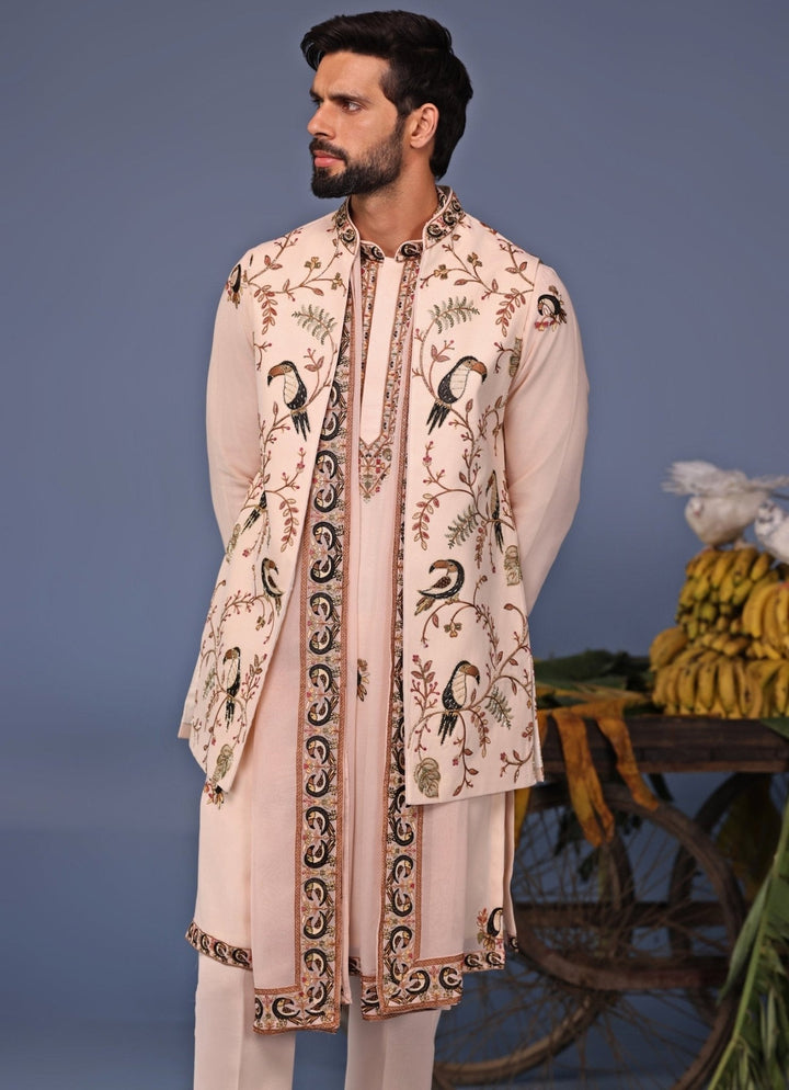 Soft Pink Kurta Pant Set with Thread Embroidered Jacket Kalpraag - Fabilicious Fashion