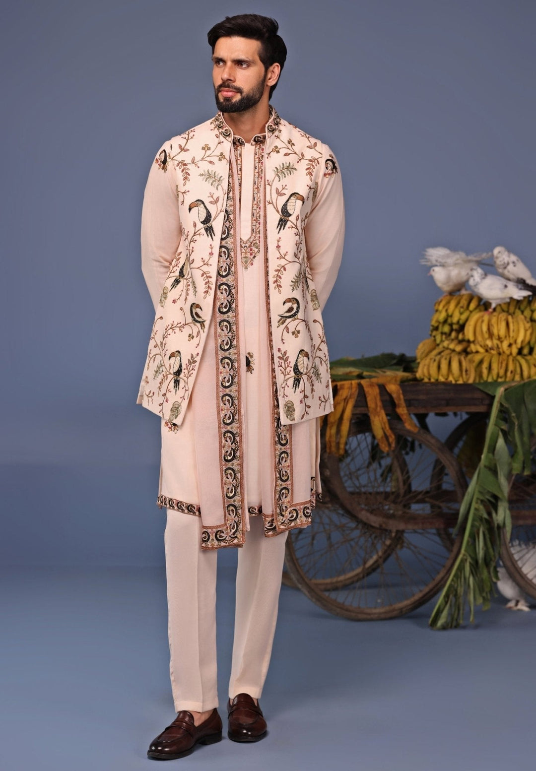 Soft Pink Kurta Pant Set with Thread Embroidered Jacket Kalpraag - Fabilicious Fashion