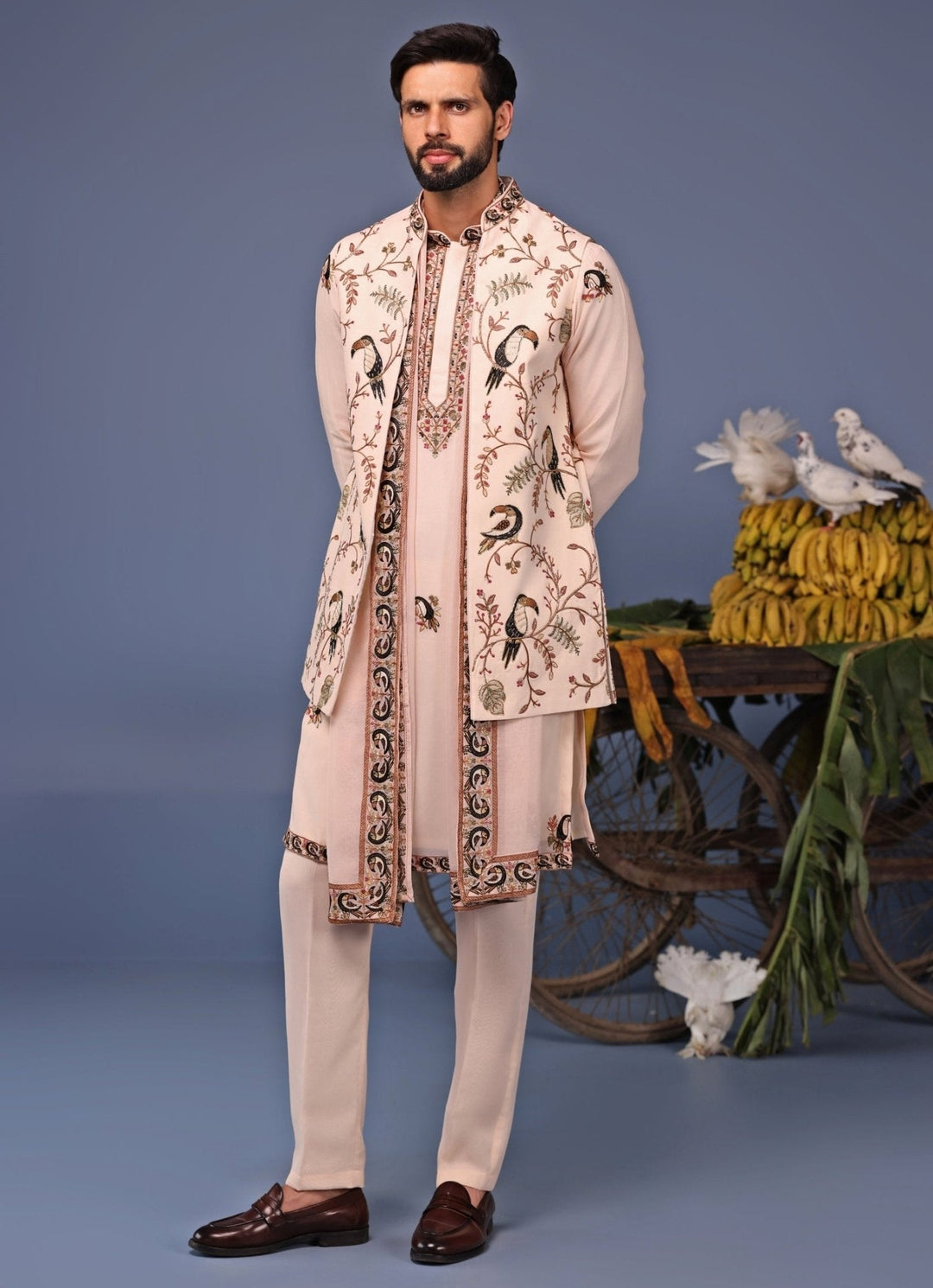 Soft Pink Kurta Pant Set with Thread Embroidered Jacket Kalpraag - Fabilicious Fashion