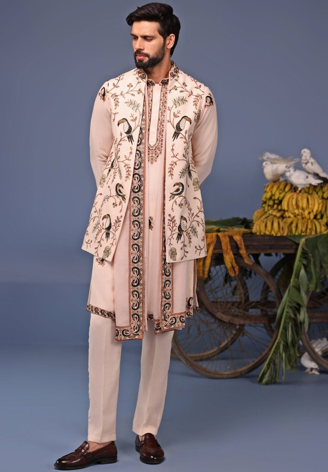 Soft Pink Kurta Pant Set with Thread Embroidered Jacket Kalpraag - Fabilicious Fashion
