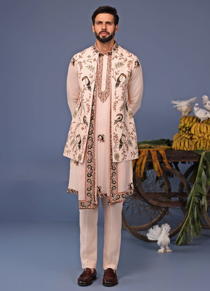 Soft Pink Kurta Pant Set with Thread Embroidered Jacket Kalpraag - Fabilicious Fashion