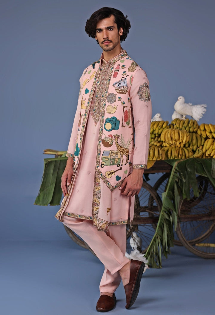 Soft Pink Resham Embroidered Kurta Jacket Set Kalpraag - Fabilicious Fashion