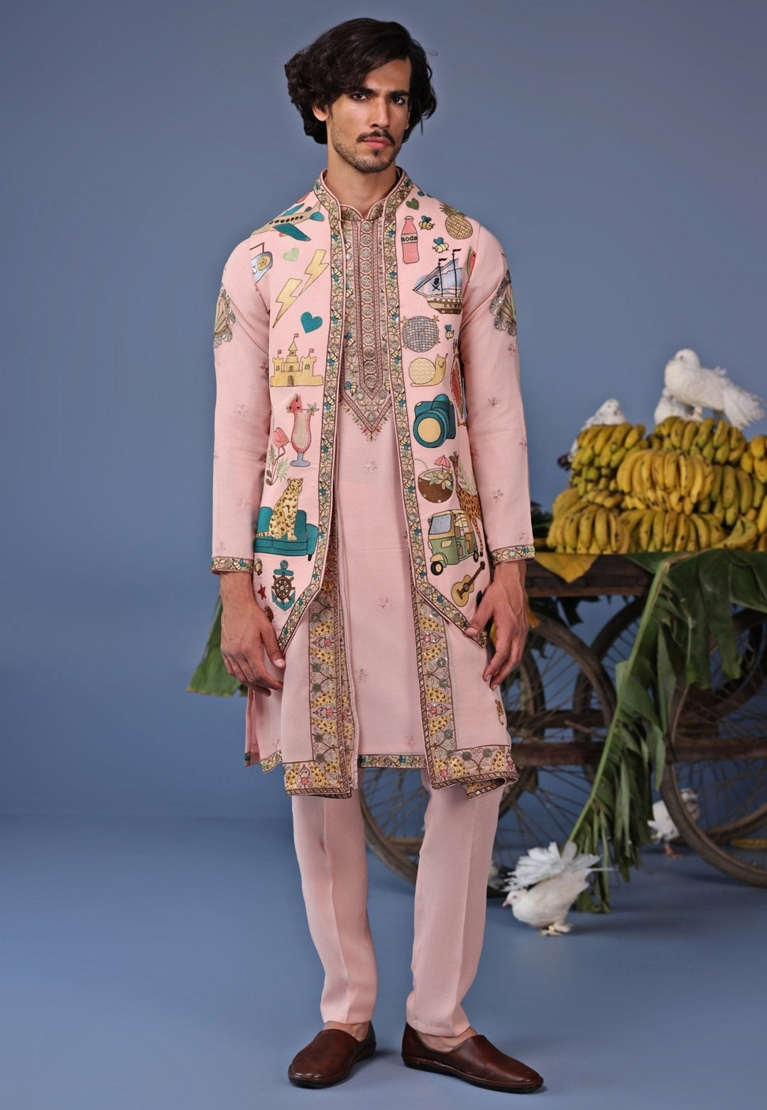 Soft Pink Resham Embroidered Kurta Jacket Set Kalpraag - Fabilicious Fashion