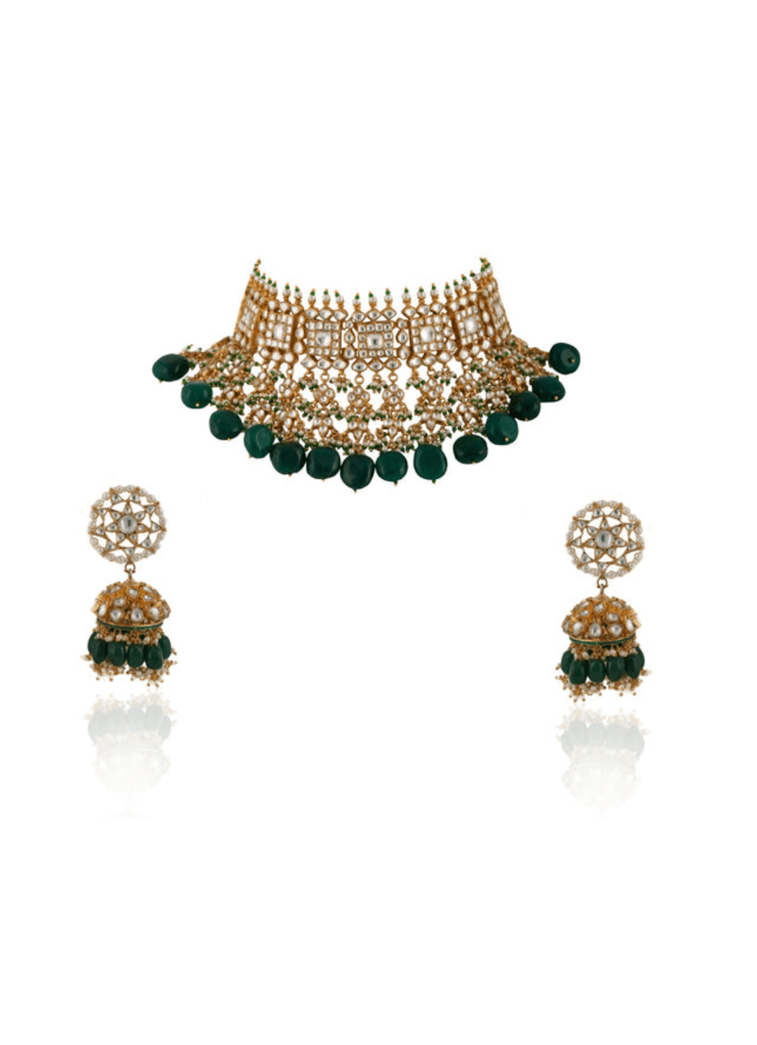 Square Design Necklace Hanging With Big Dark Green Beads Kalyani Indian Jewelry - Fabilicious Fashion