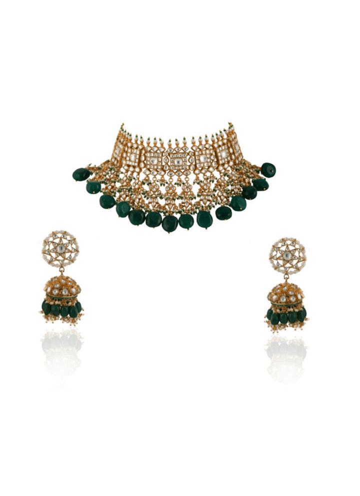 Square Design Necklace Hanging With Big Dark Green Beads Kalyani Indian Jewelry - Fabilicious Fashion