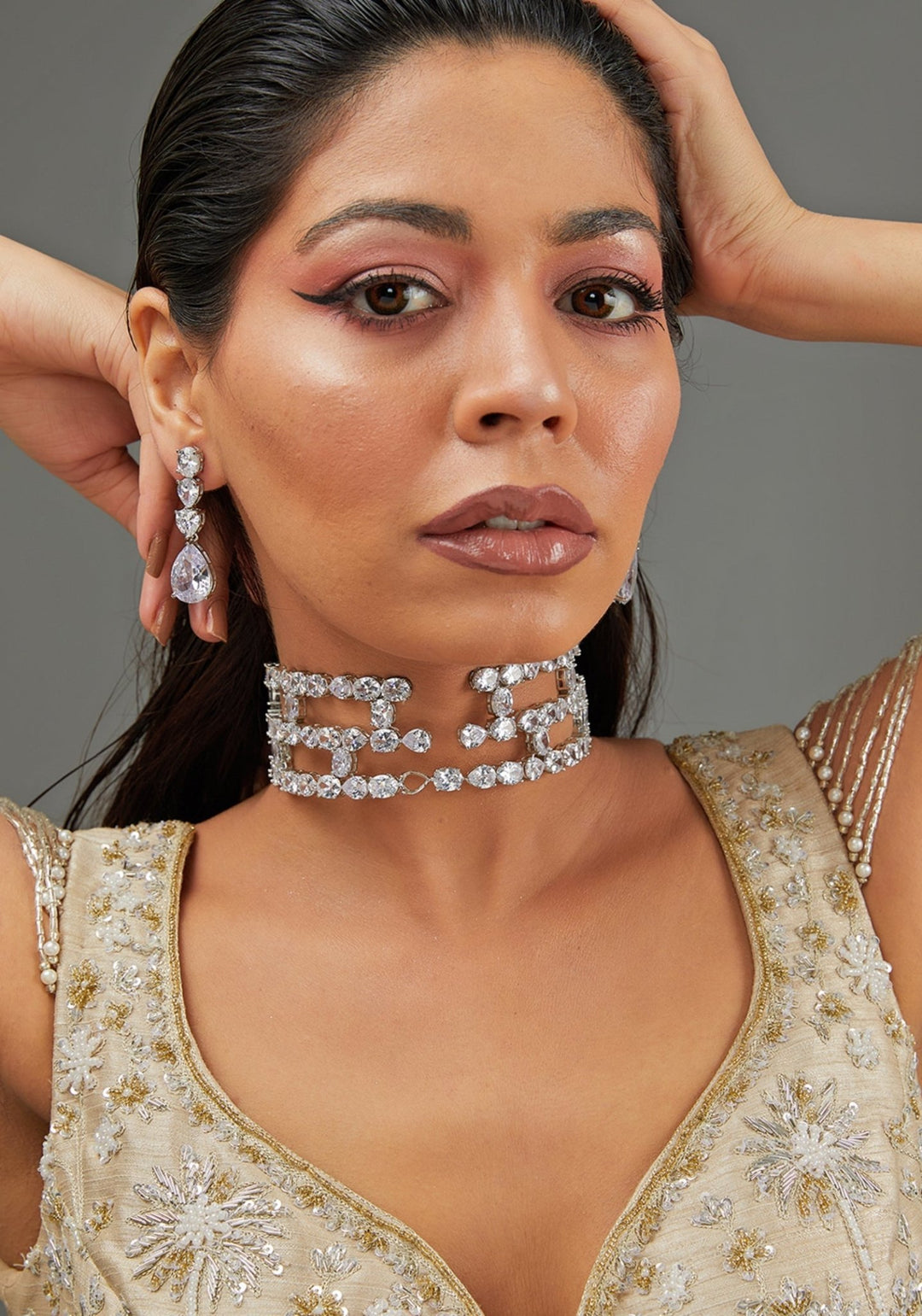 Statement Faux Diamond Choker Set Zevar by Geeta - Fabilicious Fashion