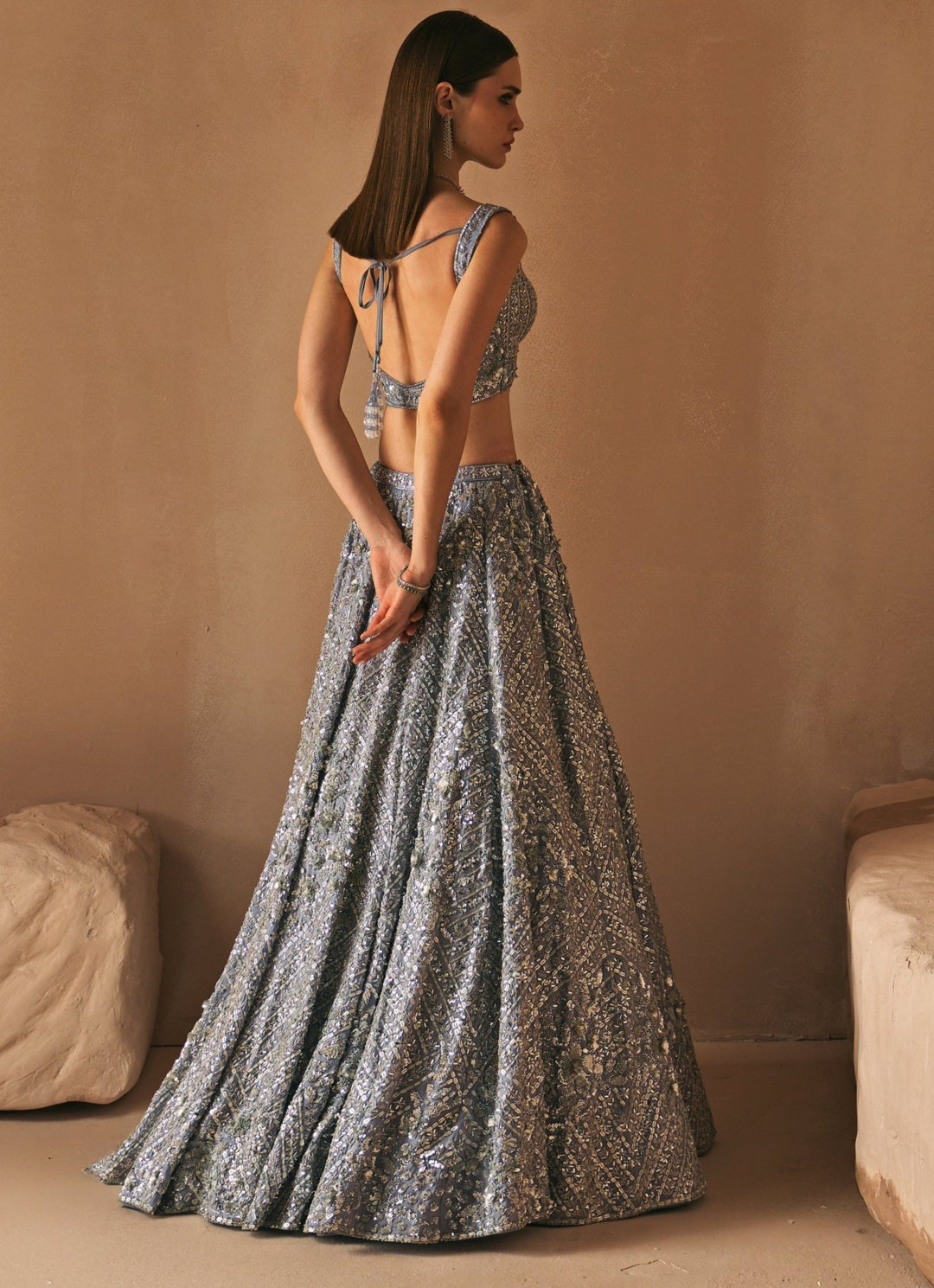 Steel Grey Crystal Embroidered Lehenga Set Angad Singh - Fabilicious Fashion