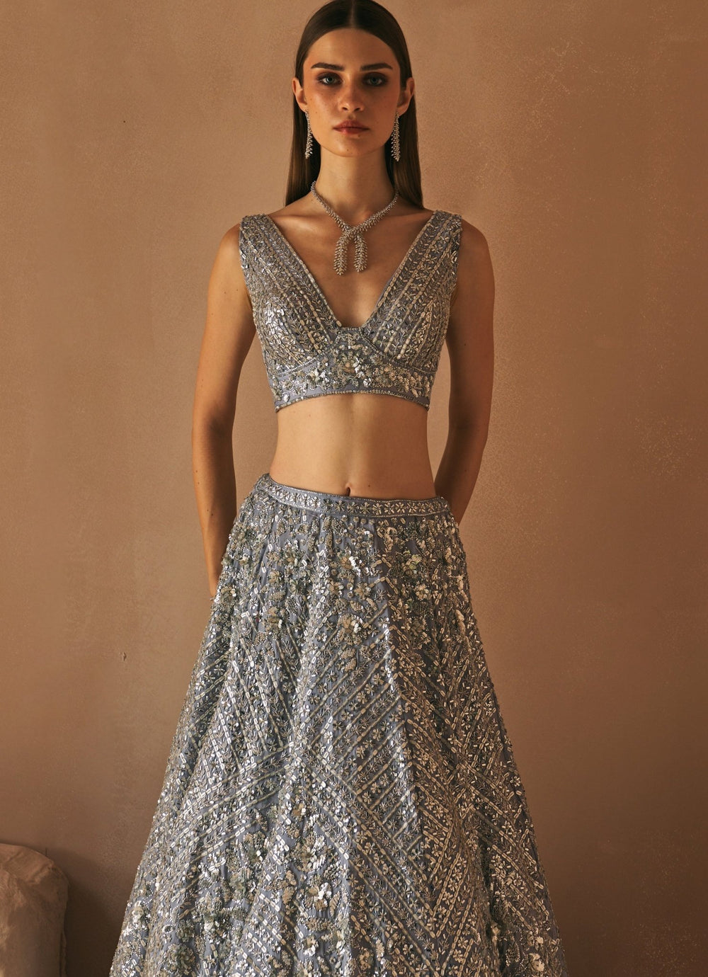 Steel Grey Crystal Embroidered Lehenga Set Angad Singh - Fabilicious Fashion