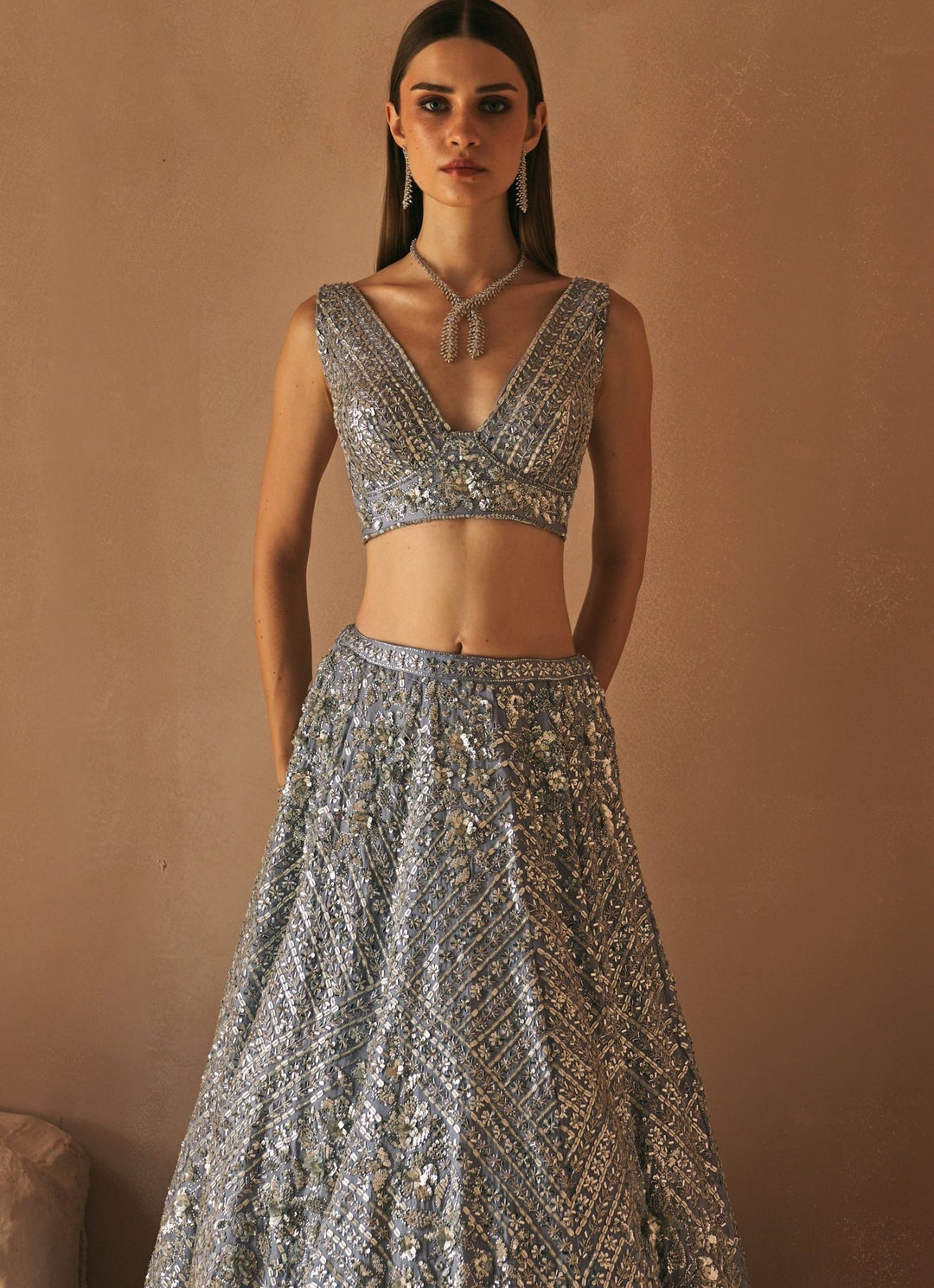 Steel Grey Crystal Embroidered Lehenga Set Angad Singh - Fabilicious Fashion