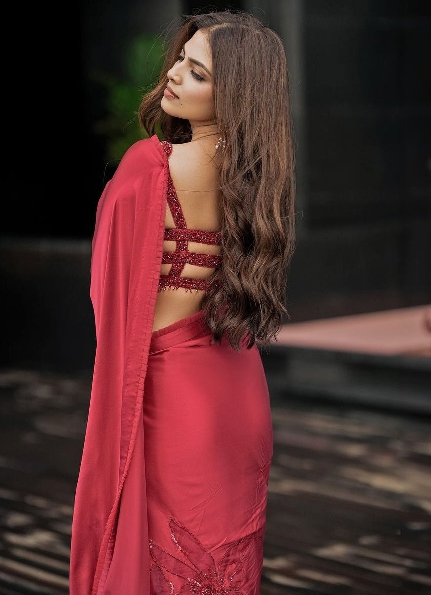Strawberry Red Floral Bridal Saree Set Nitika Gujral - Fabilicious Fashion